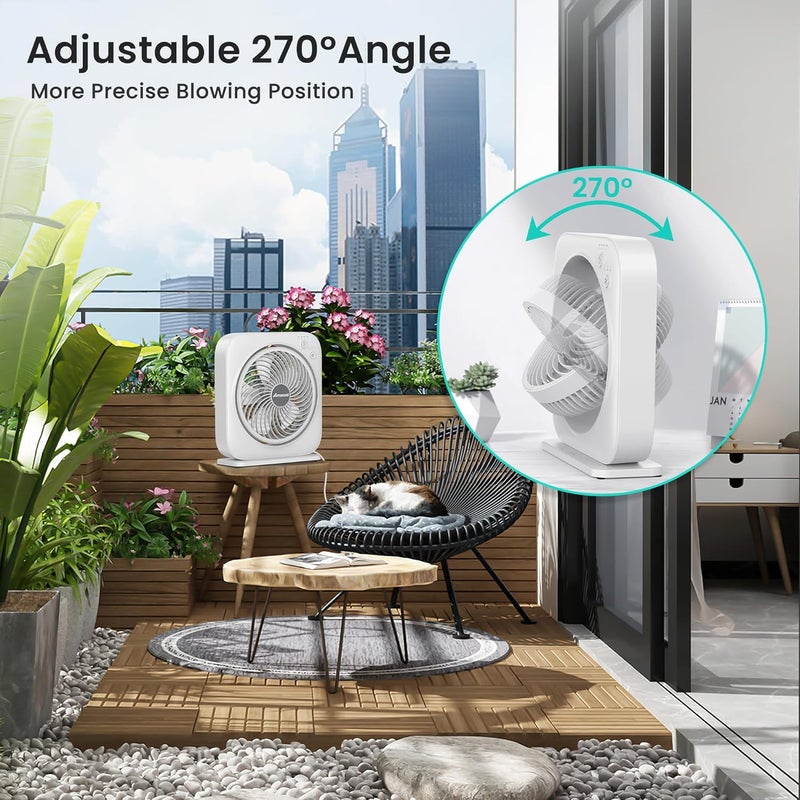 AMACOOL Table Fan, 12 inch Box Fan with 3 Adjustable Speeds & 8HRS Timer, 270° Pivoting Quiet Air Circulator, Desktop Fan for Bedroom Bathroom Kitchen Office, AC Adapter Included-White - Image 5